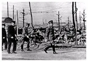 Emperor Prints: 1945 Japanese Emperor Hirohito walks through the ruins of Tokyo following US air Force bombing in the later months of