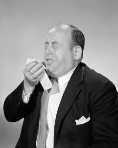 Bald Prints: 1950S 1960S Bald Man Sneezing Cold Flu Sick Sickness Handkerchief To Nose Sneeze Allergy Allergies Men Illness