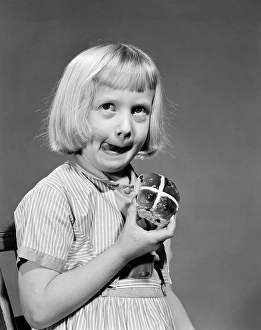 Lips Prints: 1950S 1960S Blonde Girl Licking Her Lips Eating Hot Cross Bun