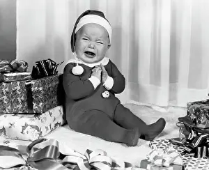 Disappointed Prints: 1950S 1960S Crying Baby Dressed Like Santa Claus