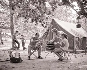 Husband Prints: 1950s 1960s FAMILY OF 5 TENT CAMPSITE MOM COOKING BREAKFAST SERVING DAUGHTER AND DAD TWO BOYS LEANING ON TREE WITH