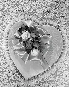 Valentines Prints: 1950S 1960S Fancy Valentine Heart Candy Box Covered With Satin Ribbon & Silk Flowers On Lace Tablecloth