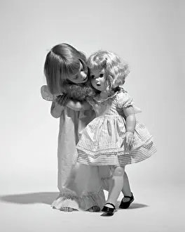 Oldtime Prints: 1950s 1960s LITTLE GIRL WHISPERING TO HER LIFE-SIZE WALKING BLONDE BABY DOLL TOY