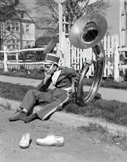 Brass Prints: 1950S 1960S Teen Boy Band Uniform & Tuba Sitting On Curb With Shoes Off