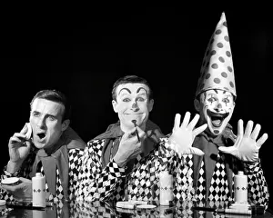 Expressions Prints: 1950s 1960s TRIPTYCH COMPOSITE THREE IMAGES OF MAN CLOWN APPLYING MAKE-UP TO CLEAN FACE BEFORE DURING AFTER