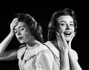 Suffer Prints: 1950S 1960S Woman Double Exposure One Side Has Hand To Head In Pain Other Has Hands To Face Smiling Feeling Better