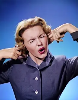 Sound Prints: 1950s ANNOYED WOMAN PORTRAIT FINGERS PLUGGING EARS