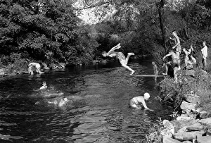 Youngsters Prints: 1950S Boys Girls Group Swimming In Creek Stream Pond Summer Fun Jump Splash Dive Retro Vintage Swim Swimming Hole