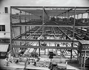 Manly Prints: 1950S Commercial Site Of Building Construction With Steel Girder Frame Erected Men Working Below