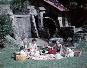 Picnic Prints: 1950S Family Summer Picnic Grass Water Mill Mother Father Man Woman Children Boys Girls