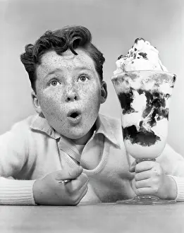 Giant Prints: 1950S Freckle Faced Boy With Funny Expression Looking At Giant Sized Ice Cream Sundae Parfait