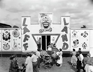 Circus Prints: 1950s LINE OF PEOPLE AT ENTRANCE TO FUNHOUSE BYING TICKETS AT LOCAL FAIR