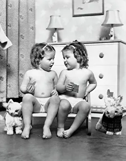 1960s Prints: 1950S Twin Girls Sitting In A Double Seat Wearing Panties Only While Eating Graham Crackers