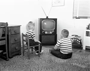 Parquet Prints: 1950S Back View Of 2 Boys In Striped T-Shirts Watching Tv