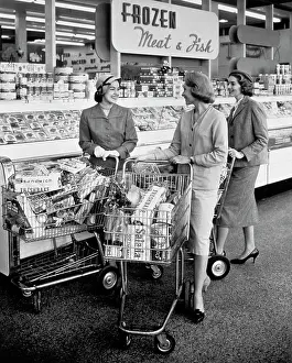 Cart Prints: 1950S Three Women Meet In Frozen Food Aisle Of Supermarket
