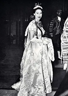 Pure Prints: 1953, Princess Margaret in a dress of pure white satin embroidered with silver diamante and pearls