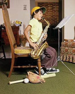 Sound Prints: 1960s 1970s BOY PRACTICING PLAYING SAX SAXOPHONE BASEBALL CAP BAT BALL GLOVE AT FEET