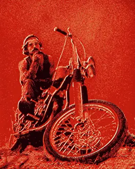 Manly Prints: 1960s 1970s HIPPIE BIKER WITH HEADBAND AND MUSCLE SHIRT SITTING ON MOTORCYCLE MAN RIDER TOUGH SOLARIZED SPECIAL EFFECT