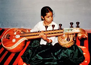 India Prints: 1960s 1970s INDIAN GIRL PLAYING A VEENA VINA A TRADITIONAL INSTRUMENT OF INDIA