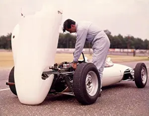 Hood Prints: 1960S 1970S Man Mechanic Hood Up White Sports Race Racing Car Work Working On Engine