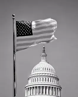 Capitol Prints: 1960s 50 STAR FLAG NATIONAL BANNER ADOPTED JULY 4 1960 FLYING OVER IMAGE OF THE CAPITOL BUILDING DOME WASHINGTON DC USA