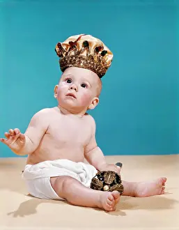 Monarch Prints: 1960S Baby Wearing Cloth Diaper And Crown Holding A Scepter