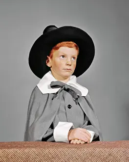 Redhead Prints: 1960s SERIOUS BOY DRESSED IN PILGRIM CLOTHES COSTUME FOR THANKSGIVING SCHOOL PLAY