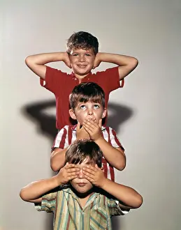 Small Group Of People Prints: 1960S Boys Posing As Three Wise Monkeys See No Evil Hear No Evil Speak No Evil