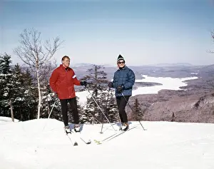 Vista Prints: 1960S Couple Man Woman Skiers Standing Top Of Hill With Vista View Winter Lake