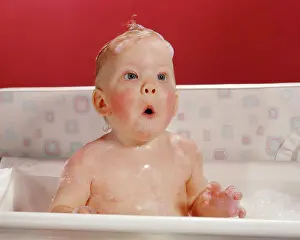 Oldtime Prints: 1960s EXCITED SURPRISED BABY IN BATHTUB SUDS ON HEAD AND FUNNY FACIAL EXPRESSION
