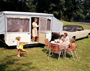Parenting Prints: 1960S Family With Three Daughters At Table By Automobile And Trailer Five Eating Food Vacation Man Woman Girl