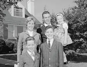 Small Group Of People Prints: 1960S Family Portrait Father Mother Two Sons And Daughter In Front Of Suburban House