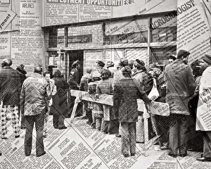 1960 Prints: 1960s GROUP OF PEOPLE STANDING IN LINE ALONG STREET WITH NEWSPAPER ADS OF EMPLOYMENT SUPERIMPOSED DURING 1960 &1961