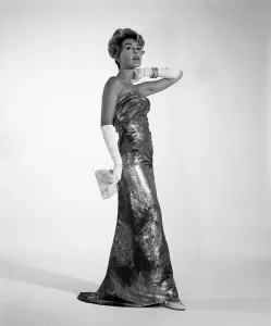 Gown Prints: 1960S Full Length Studio Portrait Woman Elegant Long Gold Lame Evening Gown Strapless Long White Gloves Glamour