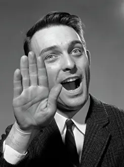 People Adults Prints: 1960S Man Hand Up Stop Halt Gesture