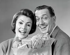 People Adults Prints: 1960S Man Woman Couple Money Bags Cash Happy