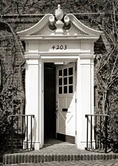 Supported Prints: 1960s OPEN FRONT DOOR WITH ARCHITECTURAL DETAIL OF BROKEN OR OPEN SWAN NECK PEDIMENT WITH URN
