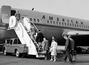 Boarding Prints: 1960S Passengers Boarding American Airlines Astrojet By Way Of Short Stairway Raised From Bed Of Pickup Truck