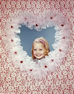 Oldtime Prints: 1960s SMILING BLONDE GIRL INSIDE LACY VALENTINES HEART