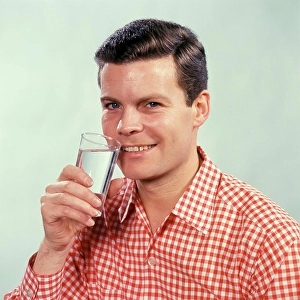Nourishment Prints: 1960S Smiling Man Red Checked Shirt Drinking Glass Water Drink