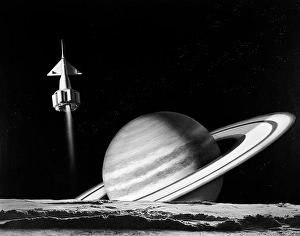 Missile Prints: 1960S Space Rocket Flying Past Saturn With Surface Of Another Planet In Foreground