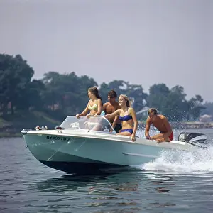 Man And Woman Prints: 1960S Two Teen Couples In Motorboat Summer Two Piece Bathing Suit Speed Fun Summer Lake Recreation Spray