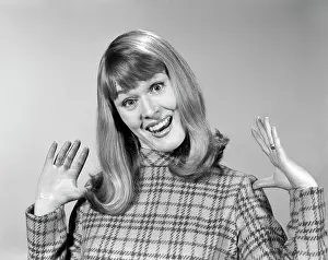 Oldtime Prints: 1960s WOMAN WITH GOOFY SURPRISED LOOK ON FACE AND HANDS IN THE AIR SMILING LOOKING AT CAMERA
