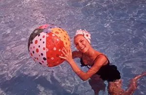 Bathing Prints: 1960S Woman In Swimming Pool Holding Beach Ball