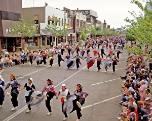 Tulip Prints: 1970s KLOMPEN DANCERS PARADE AND DANCING IN STREET WEARING WOODEN SHOES DURING THE DUTCH TULIP FESTIVAL IN HOLLAND