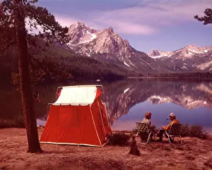 Tent Prints: 1970S Older Couple Sitting Camping By Red Tent Stanley Lake Idaho
