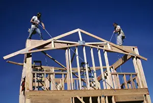 Builder Prints: 1980s BUILDING A NEW HOUSE WITH LUMBER RAISING THE A-FRAME FOR THE ROOF LINE