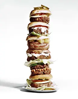 Giant Prints: 1980s SUPER GIANT LARGE HAMBURGER WITH EVERYTHING AND PICKLES STACKED ON PLATE