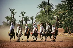 Cavalry Prints: 1990s THE FANTASIA CHARGE OF HORSE MOUNTED BERBER WARRIORS MARRAKECH MOROCCO