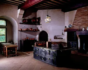 Copper Prints: 19th century kitchen with copper pots and a cast iron oven range